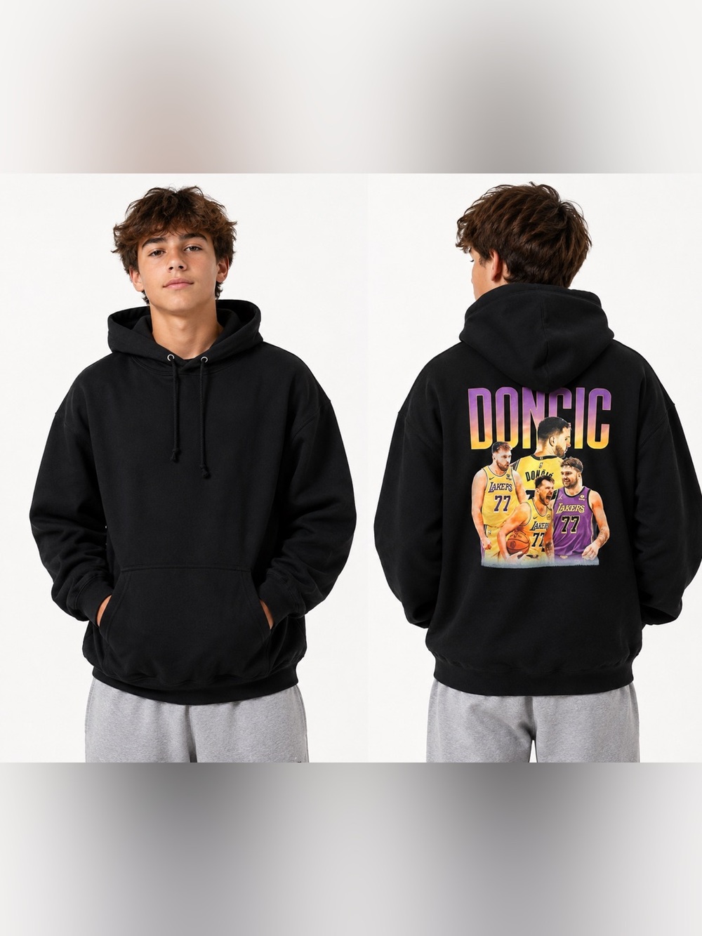 Black Crewneck Hoodie with Purple-Yellow Dončić Back Graphic